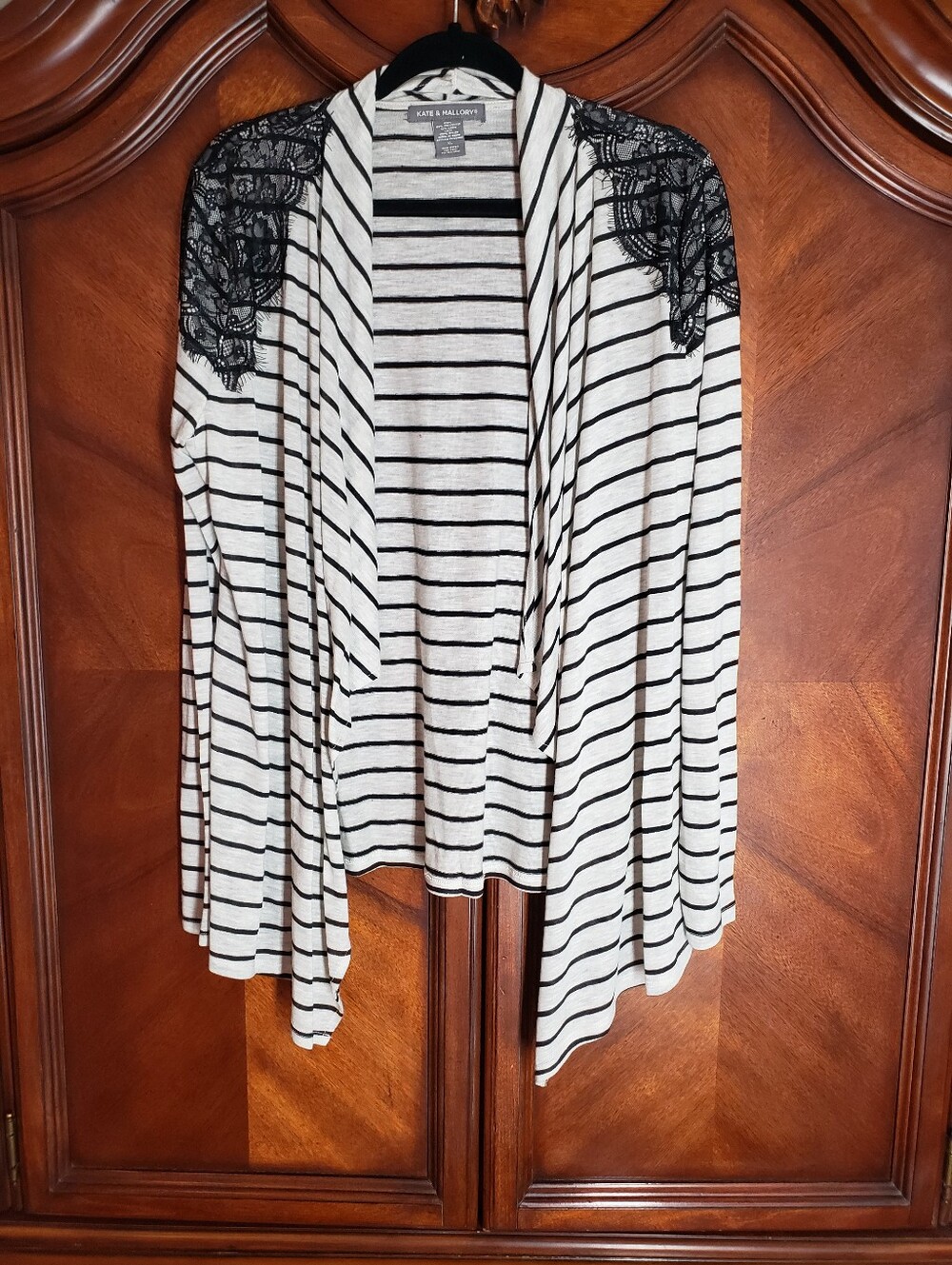 Kate & Mallory Black and White Striped Lace-Shoulder Open Cardigan